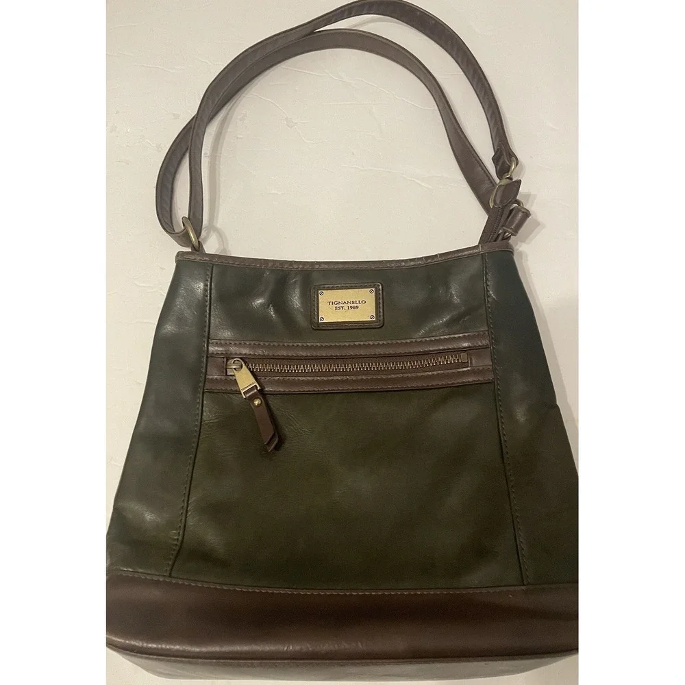 Tignanello Olive Brown Medium Shoulder Bag Hobo Purse Brass‎ Zip Vintage